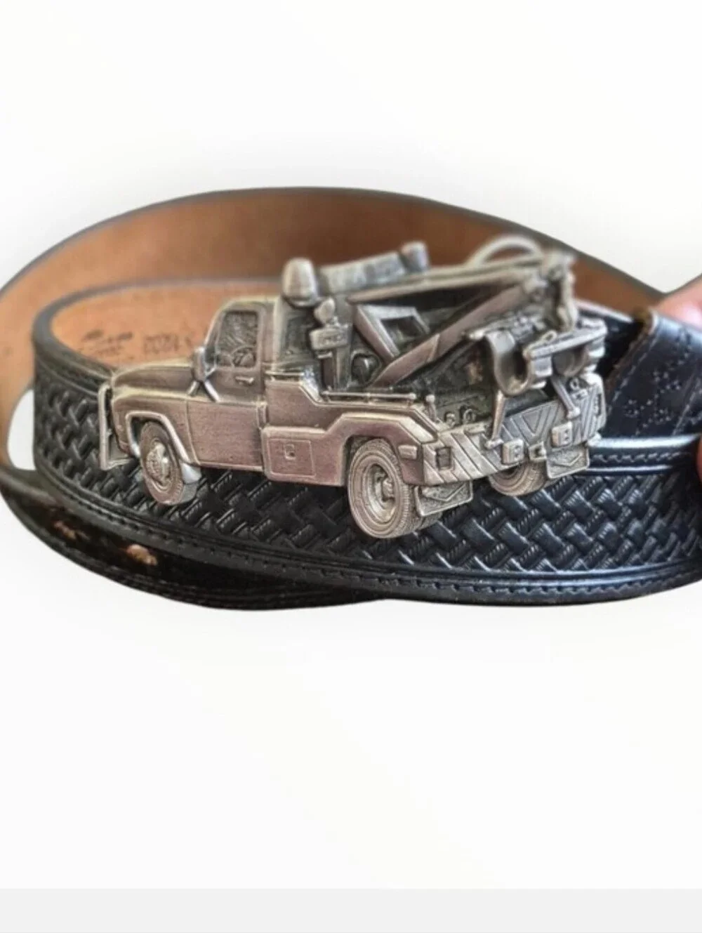 Vintage-american Creek 80' Collection 3D Tow Truck Bukel Silver Men Black Belt